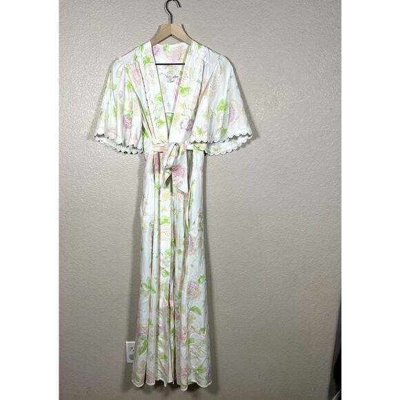 Vintage Christian Dior Lingerie PInk Green Floral Lace Robe Wrap Size Small
